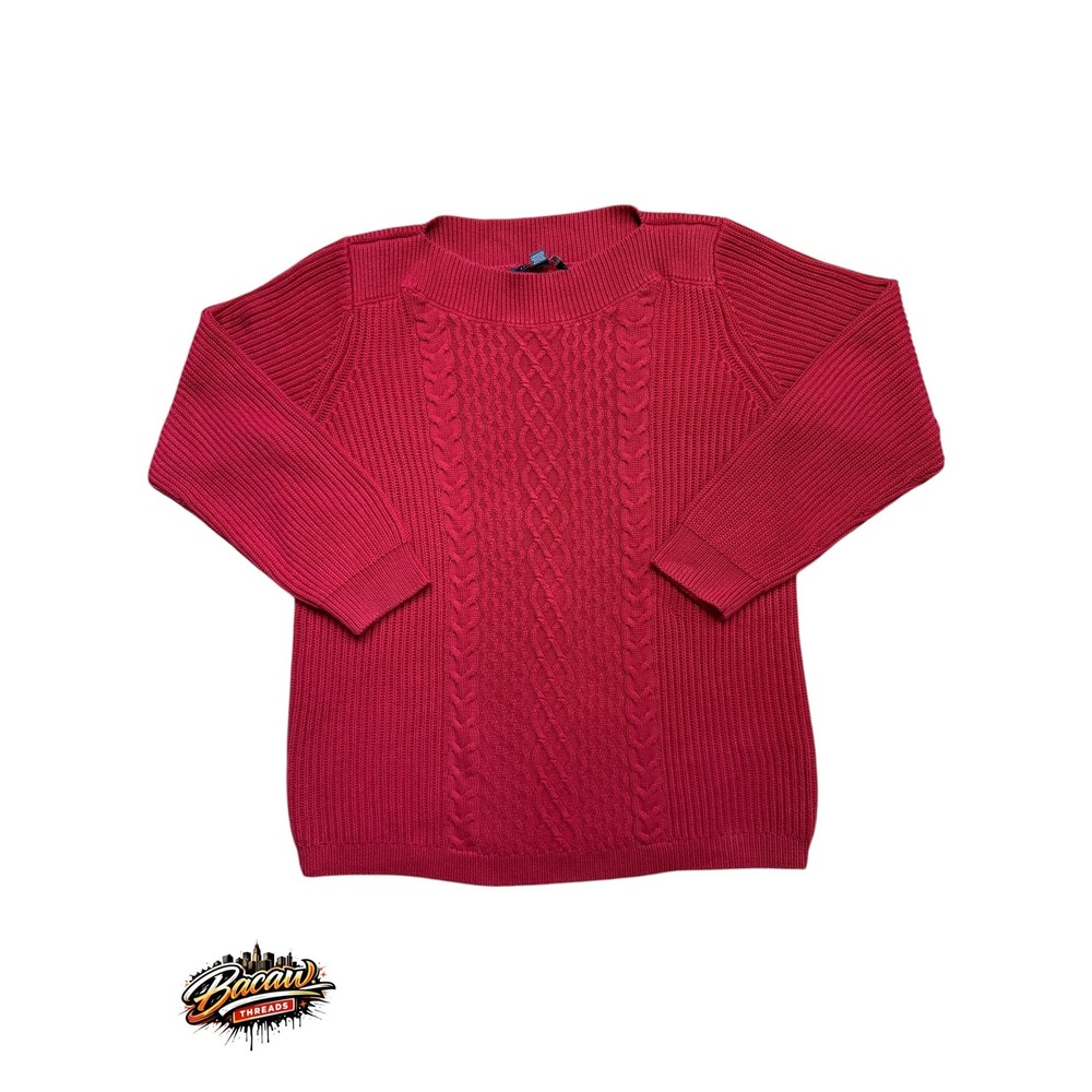 Tommy Hilfiger Mens Red Cable Knit Boat Neck 3/4 Sleeve Sweater Size XL